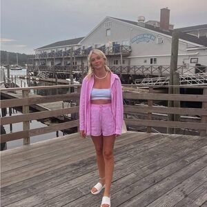 Pink Striped Button-Up Shirt and Shorts set